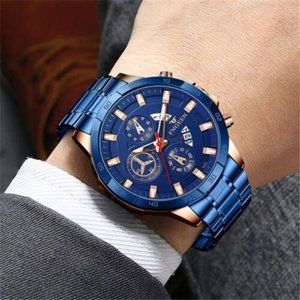 Blue Water-Resistant Stainless Steel Quartz Men's Wristwatch (Brand New)
